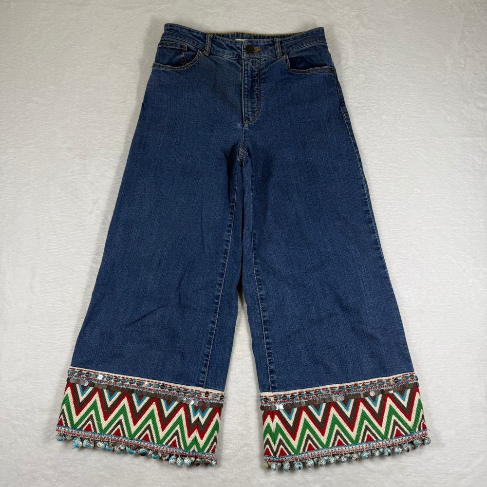 Alice + Olivia Wide Leg Jeans Blue Denim Boho Embroidered Pom Pom Hem Size 25